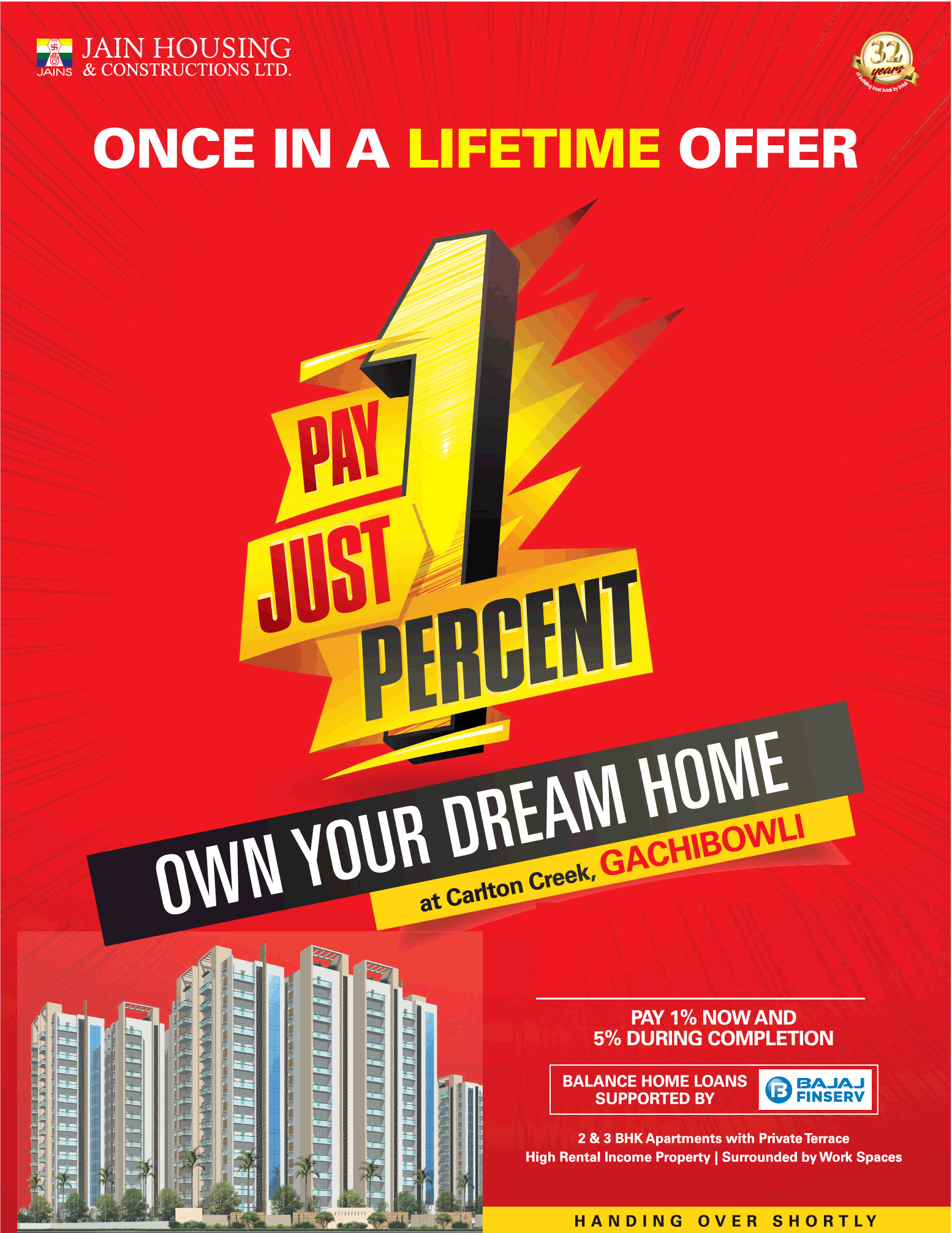 Pay 1% now and 5% during completion at Jains Carlton Creek in Hyderabad Update