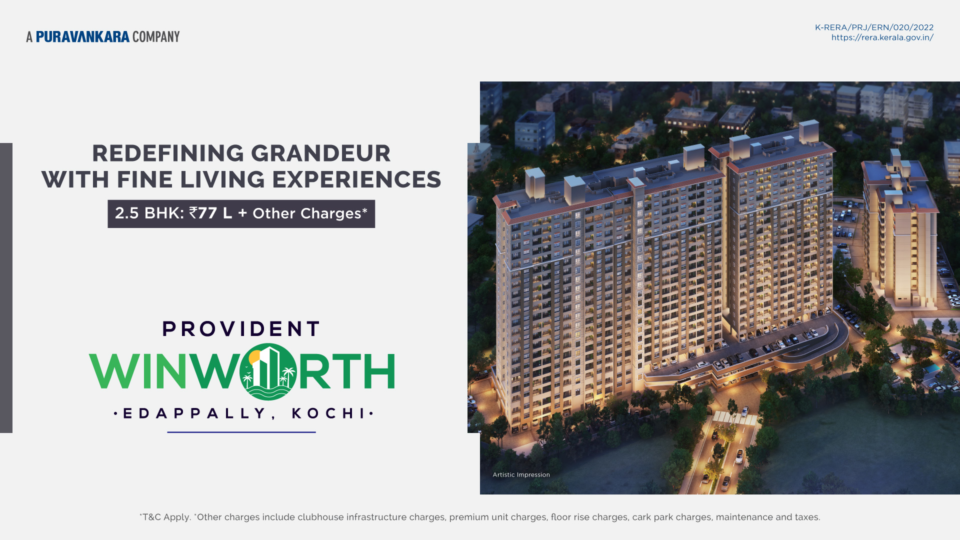 Book 2.5 BHK home Rs 77 Lac and other charges at Provident Winworth in Kochi