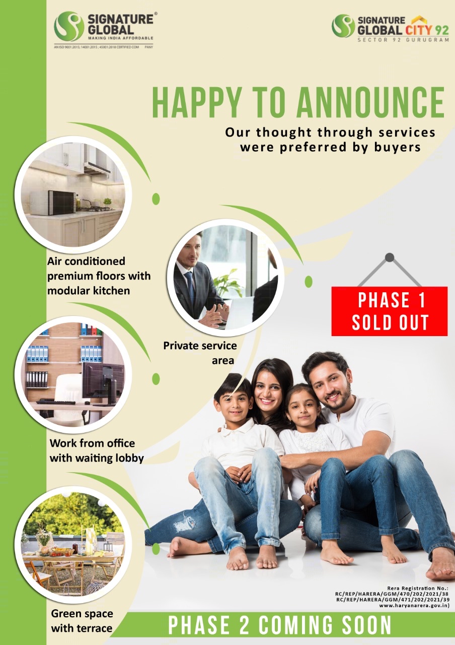 Phase 1 sold out and Phase 2 coming soon at Signature Global City 92, Gurgaon