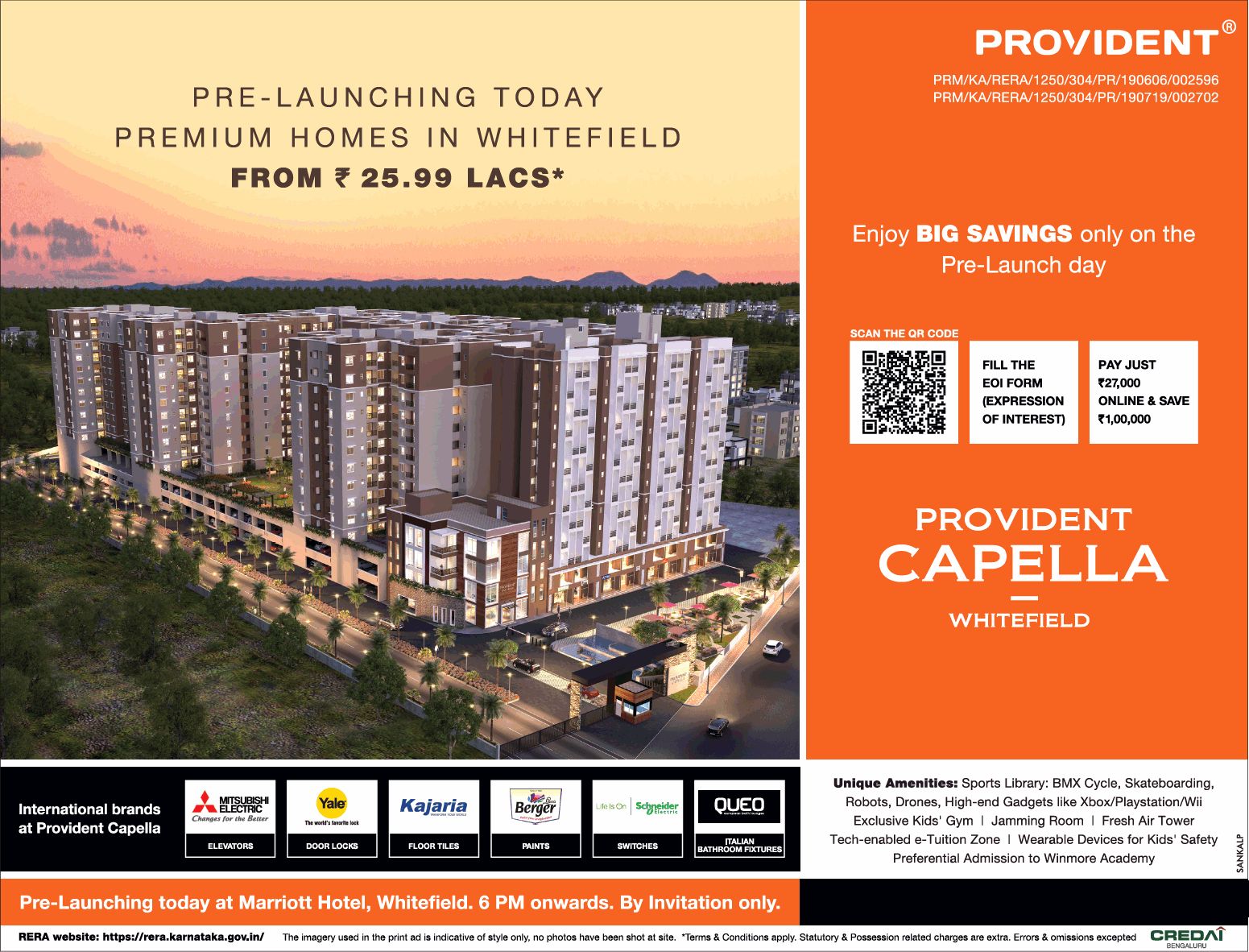 Provident Capella pre-launching today premium homes Rs 25.99 Lac in Whitefield, Bangalore Update