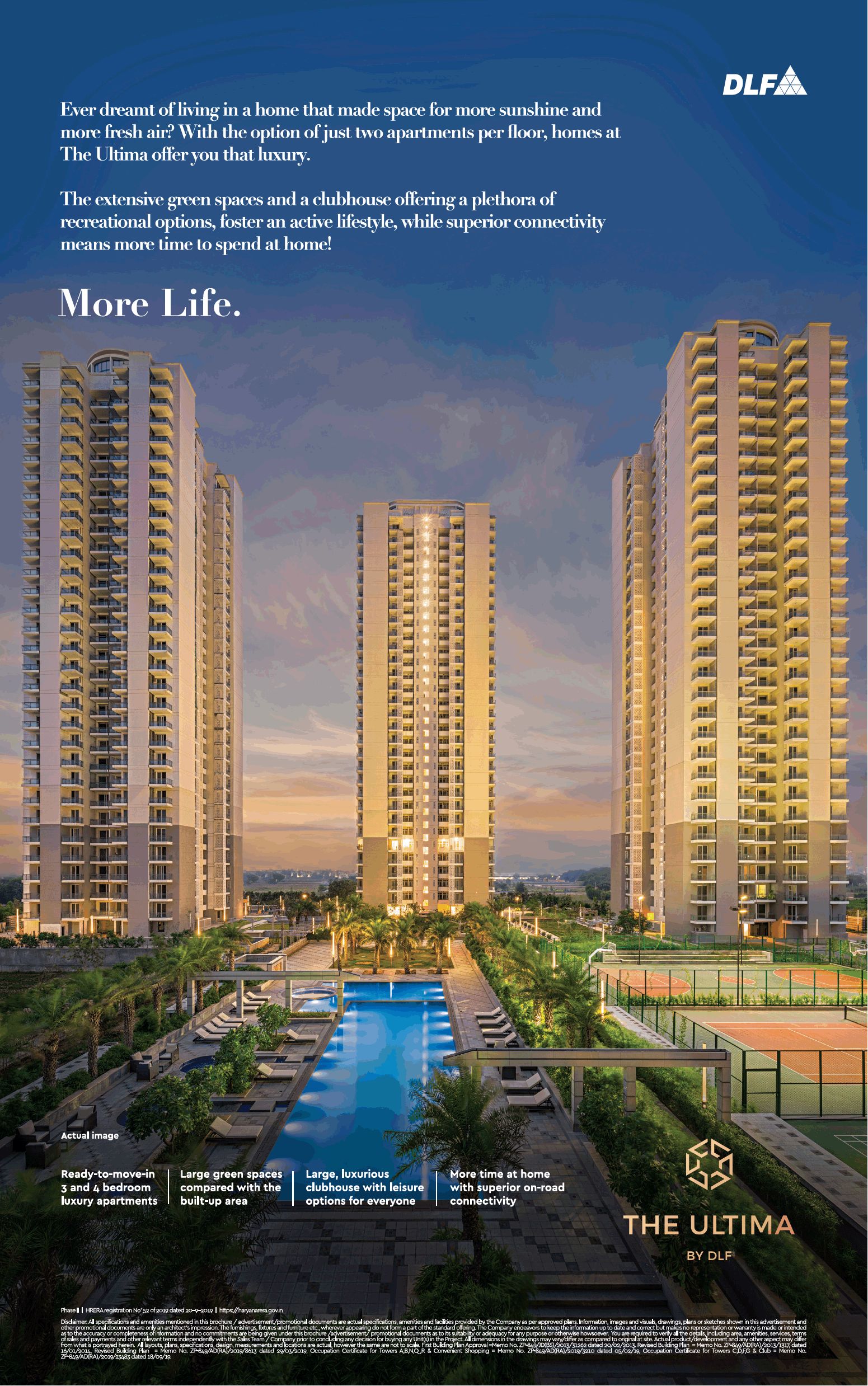 Ready-to-move-in 3 and 4 bedroom luxury apartments at DLF Ultima in Gurgaon