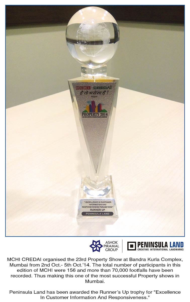 Peninsula Land awarded the Runner's Up trophy for "Excellence In Customer Information And Responsiveness"