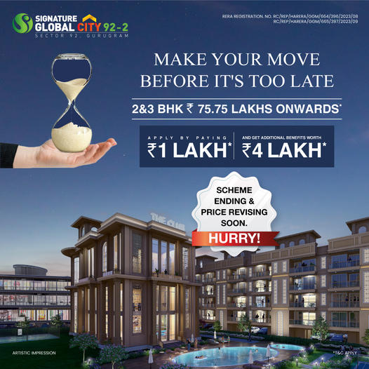 Last chance to invest at inaugural rates with inaugural benefits of Rs. 4 Lac at Signature Global City 92-2, Sector 92, Gurgaon