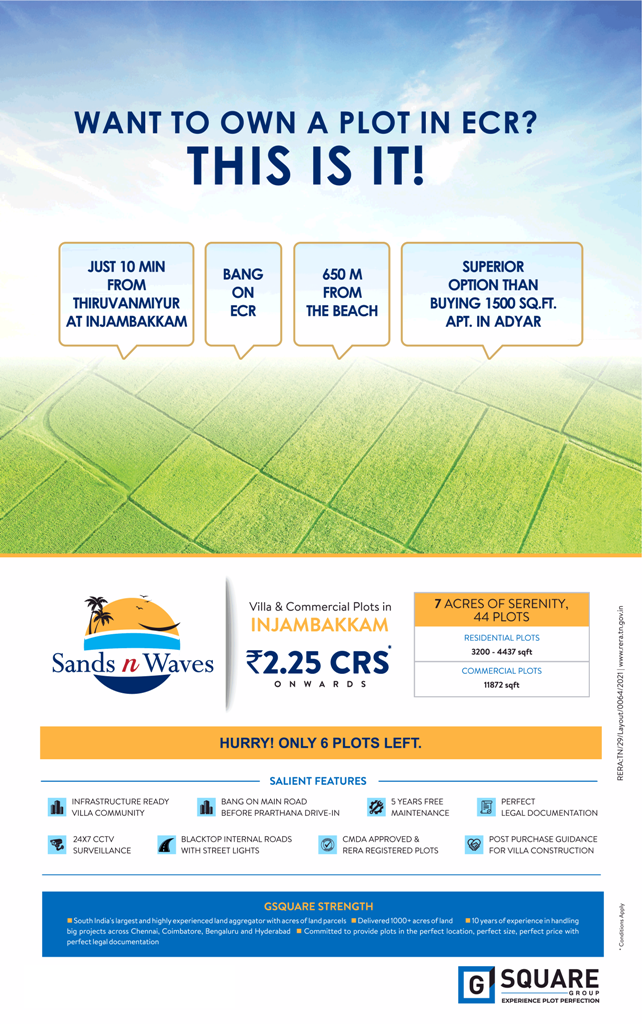 Hurry only 6 plots left at G Square Sands n Waves in Injambakkam, ECR, Chennai