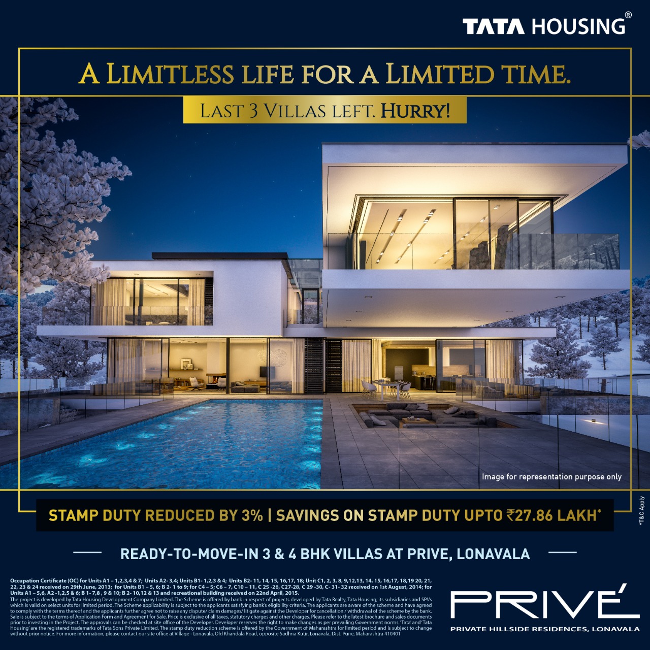 Ready to move in  3 & 4 BHK Villas  at Tata Housing Prive  in Lonavala