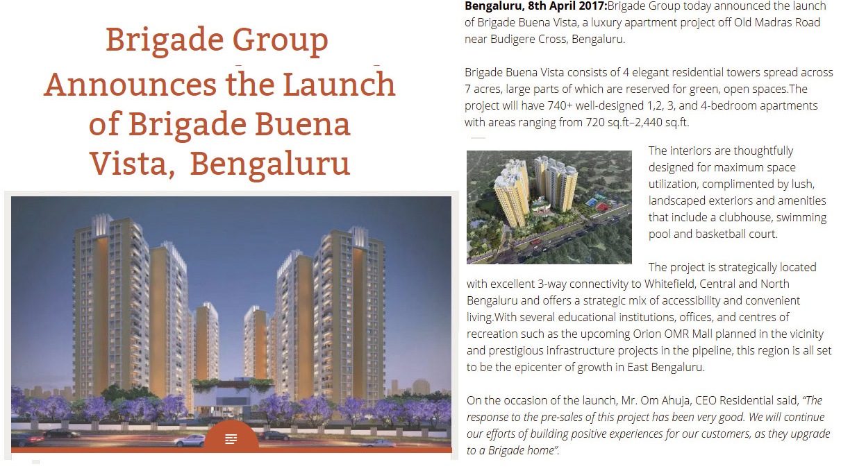 Brigade Group Announces the Launch of Brigade Buena Vista, Bangalore
