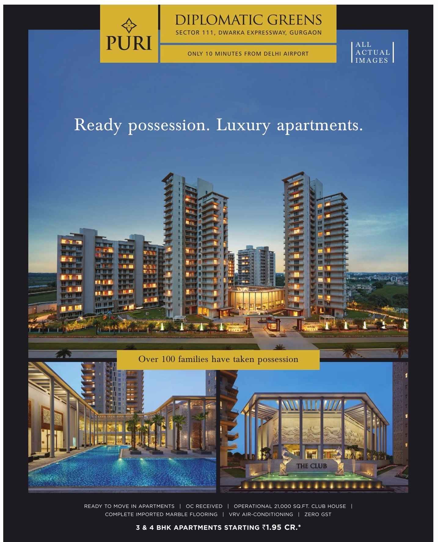 Ready possession luxury apartments at Puri Diplomatic Greens in Gurgaon