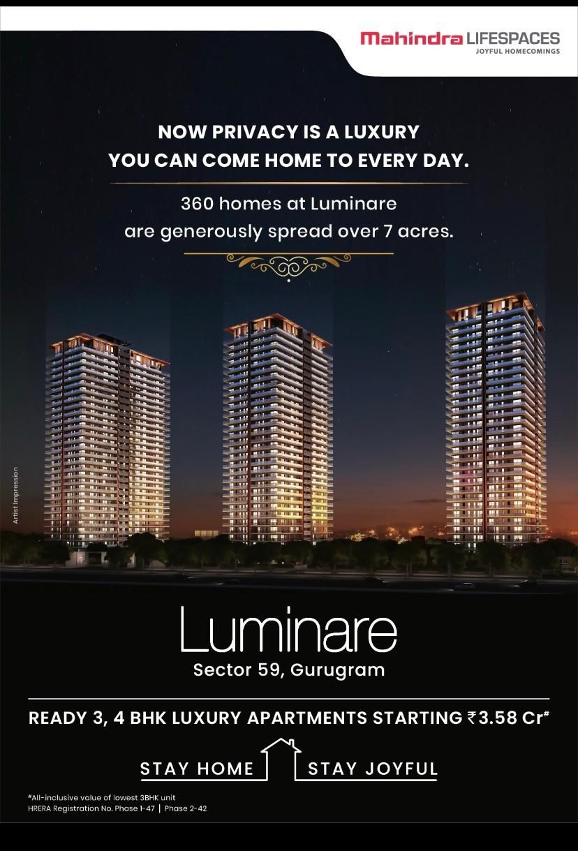 360 homes at Mahindra Luminare in Gurgaon are generously spread over 7 acres