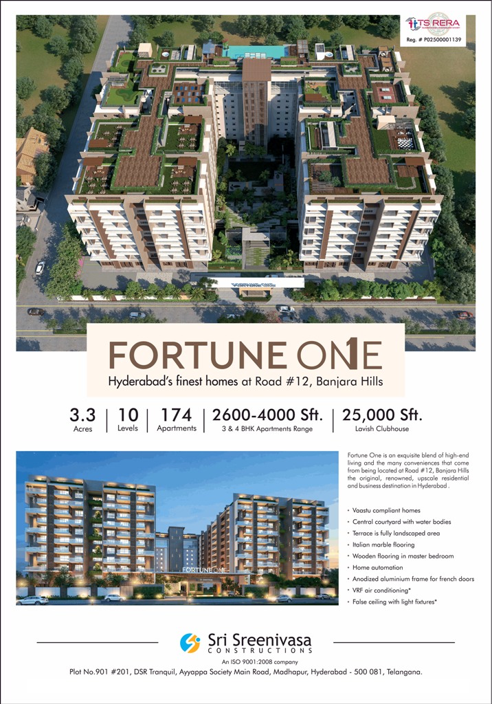 Hyderabad's finest homes at Sri Fortune One in 12 Road, Banjara Hills Update