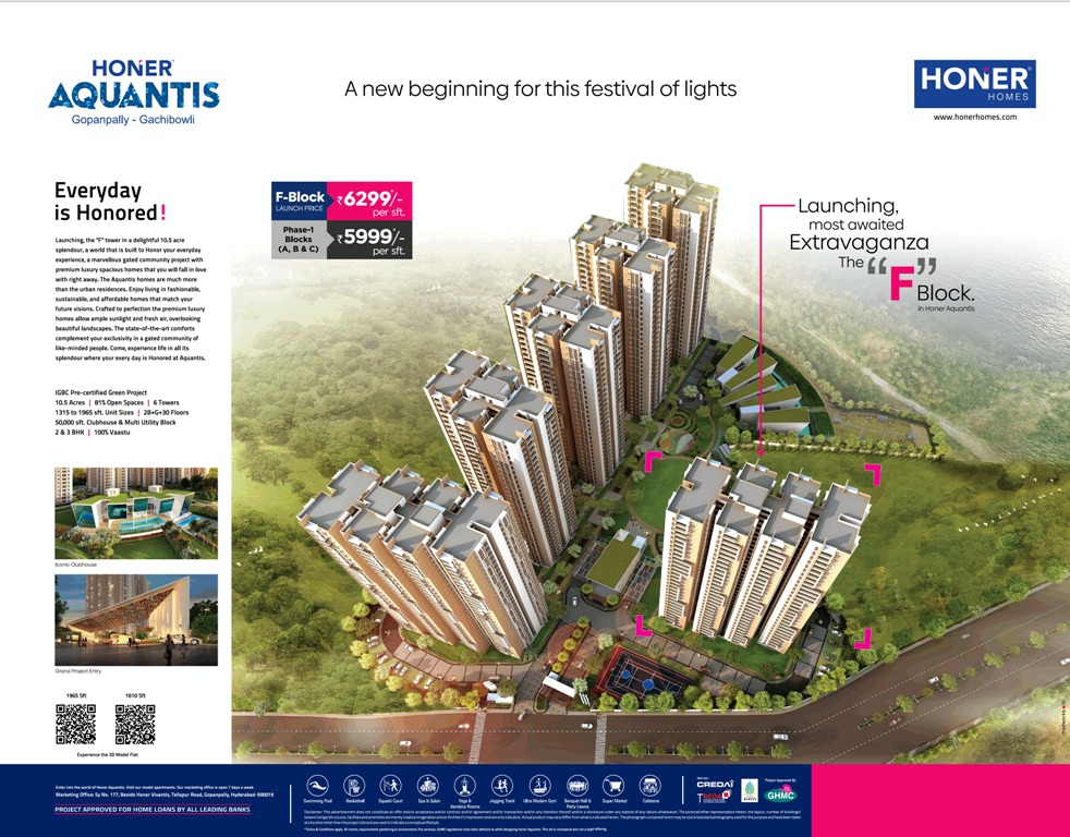 Launching, most awaited extravaganza the F block at Honer Aquantis, Hyderabad Update