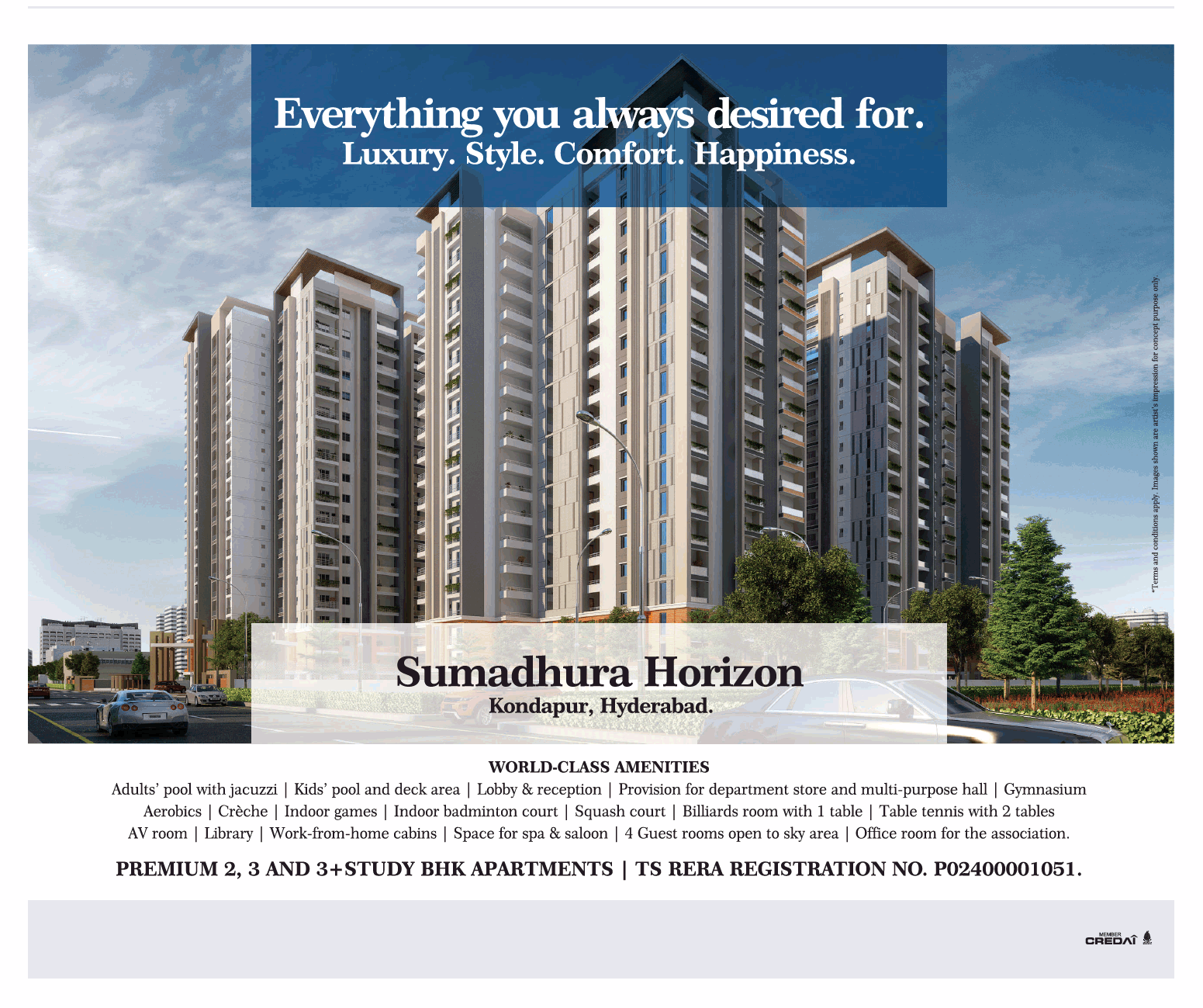 Premium 2, 3 and 3+study BHK apartments at Sumadhura Horizon in Kondapur, Hyderabad