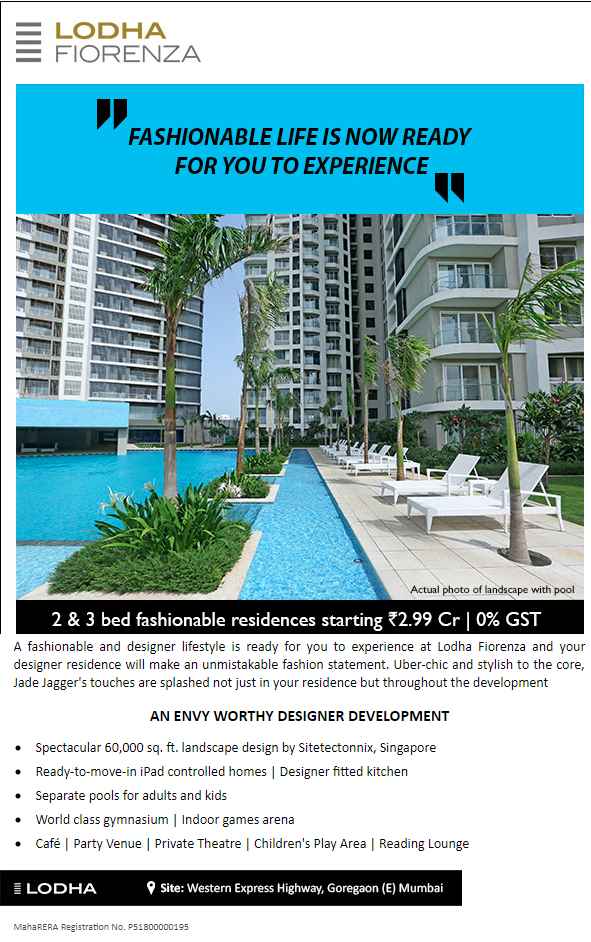 Live in 2 & 3 bed fashionable residences at Lodha Fiorenza in Mumbai