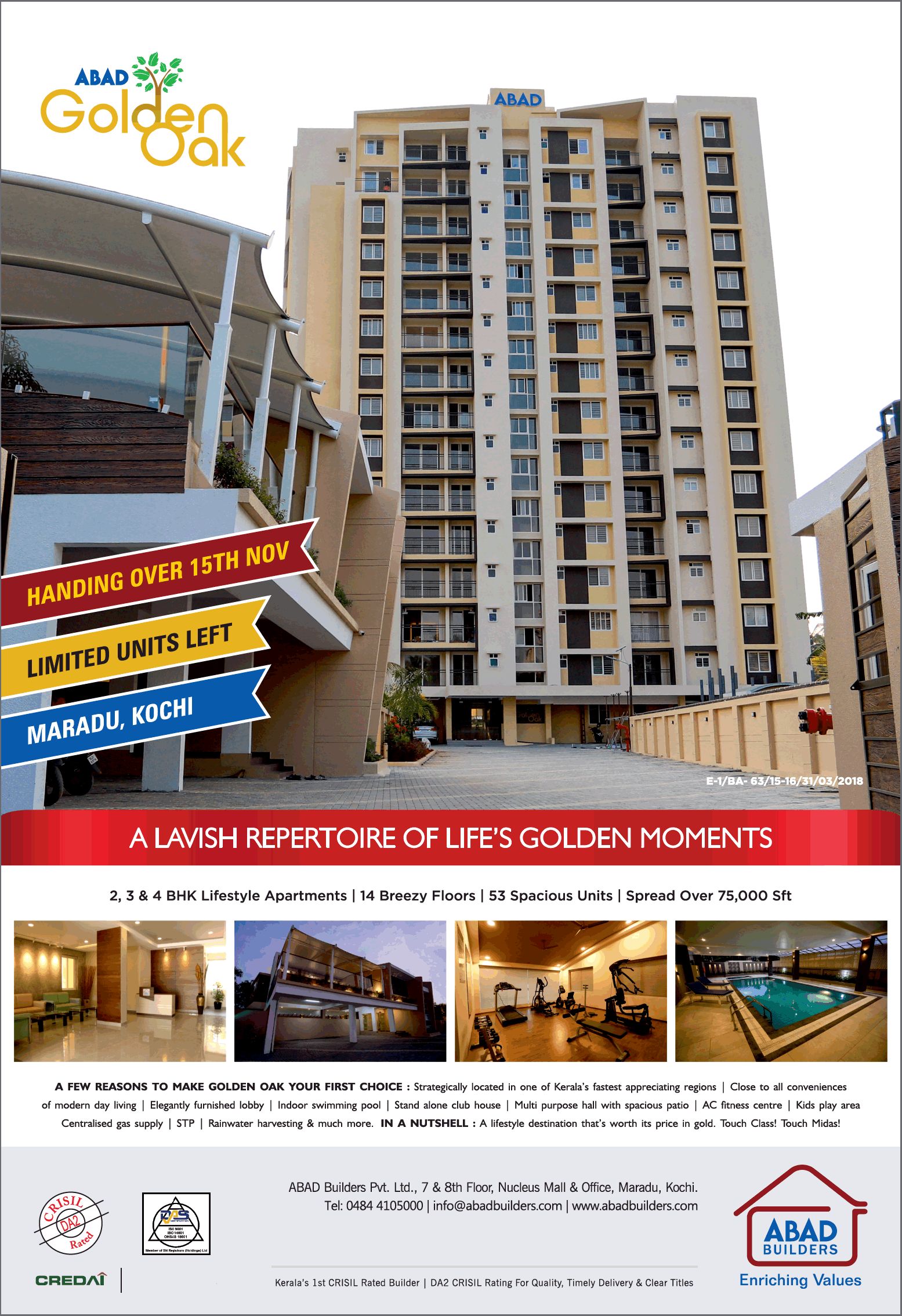 Book 2, 3 & 4 BHK lifestyle apartments at ABAD Golden Oak, Kochi Update