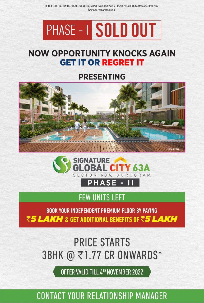 Book your independent premium floor by paying Rs 5 Lac & get additional benefits of Rs 5 Lac at Signature Global City 63A, Gurgaon