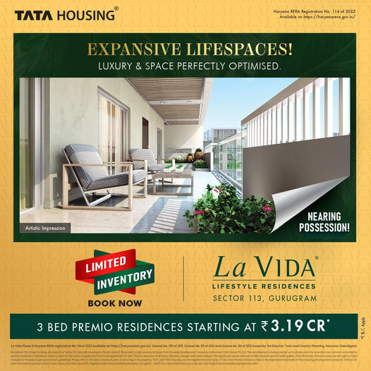 Book now limited inventory available 3 Bed spacious residences Rs 3.19 Cr at Tata La Vida in Sector 113, Gurgaon