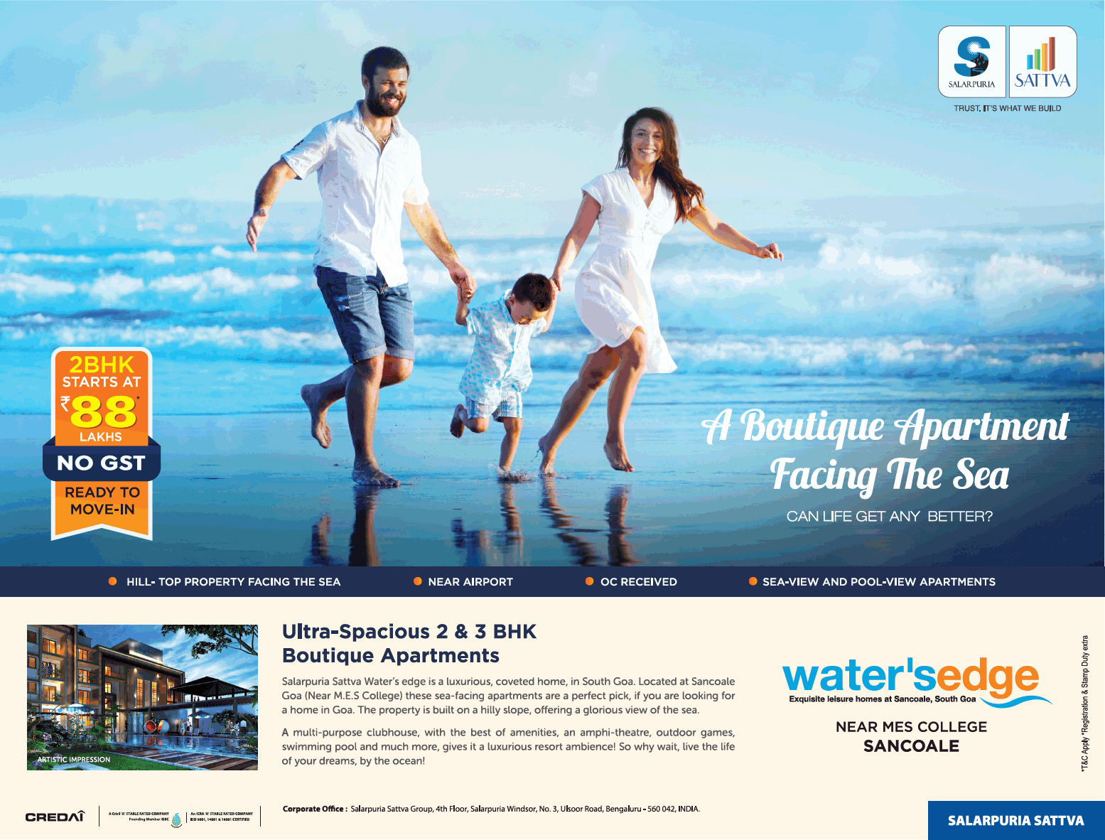 Ultra-spacious 2 & 3 BHK Rs 88 Lac at at Salarpuria Sattva Waters Edge in Zuarinagar, Goa