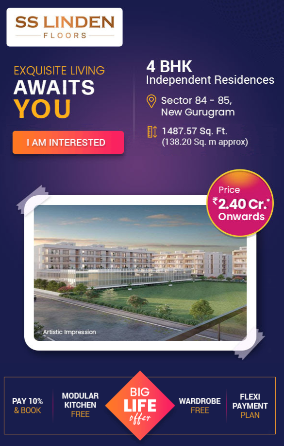 Book 4 BHK independent residences Rs. 2.4 Cr at SS Linden Floors in Sector 84, Gurgaon