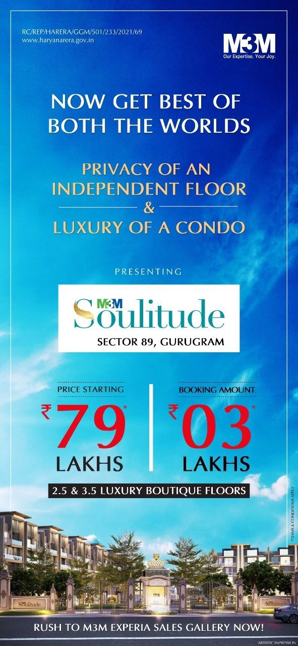 Book 2.5 & 3.5 luxury boutique floors at M3M Soulitude in Sector 89, Gurgaon