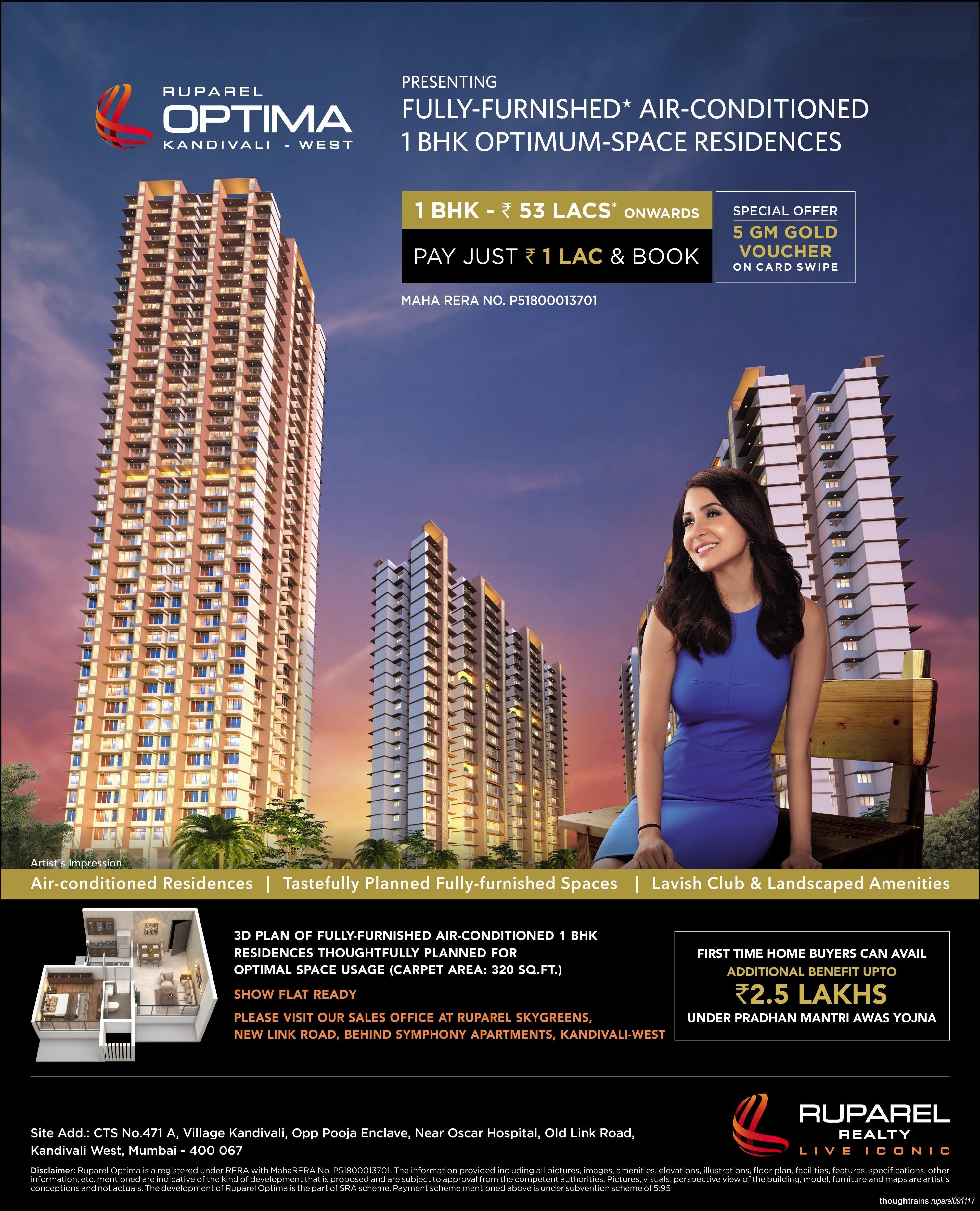 Presenting fully furnished, air-conditioned 1 BHK optimum space residences at Ruparel Optima in Mumbai