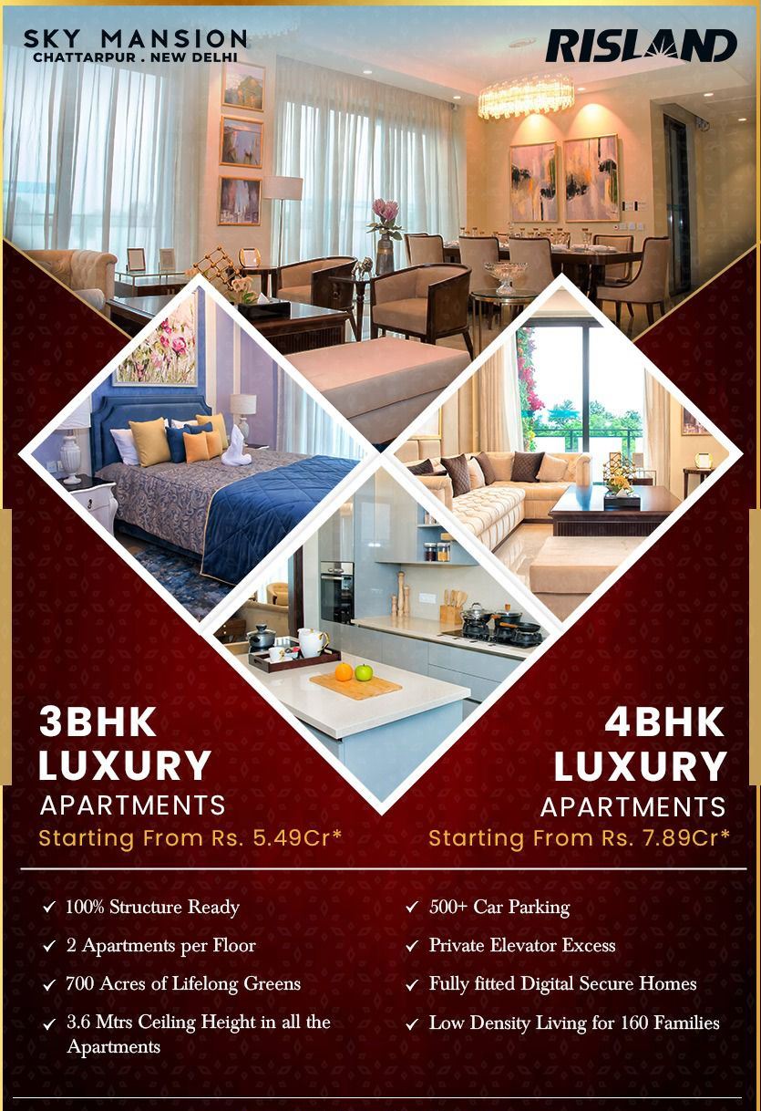 Book  3 and 4 BHK luxury apartments price starts Rs 4.5 Cr at Risland Sky Mansion in Chattarpur, New Delhi