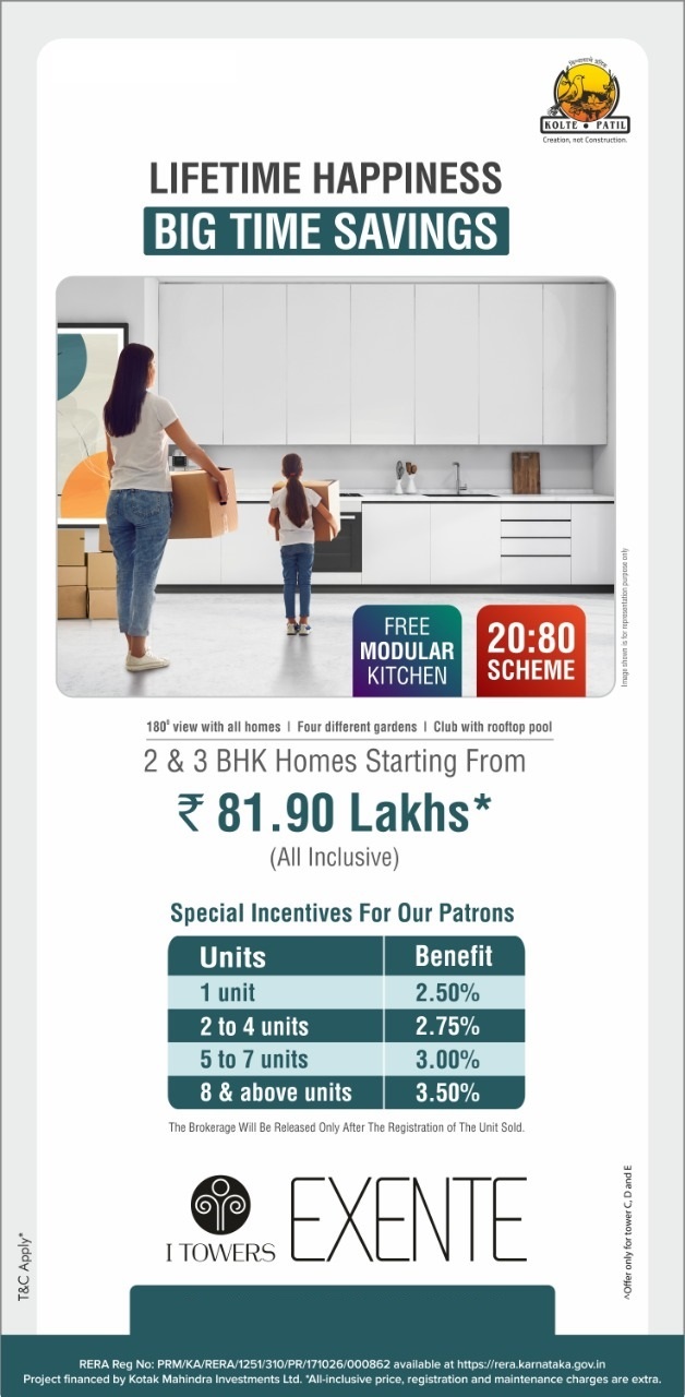 Free modular kitchen, 20:80 scheme at Kolte Patil I Towers Exente in Bangalore Update