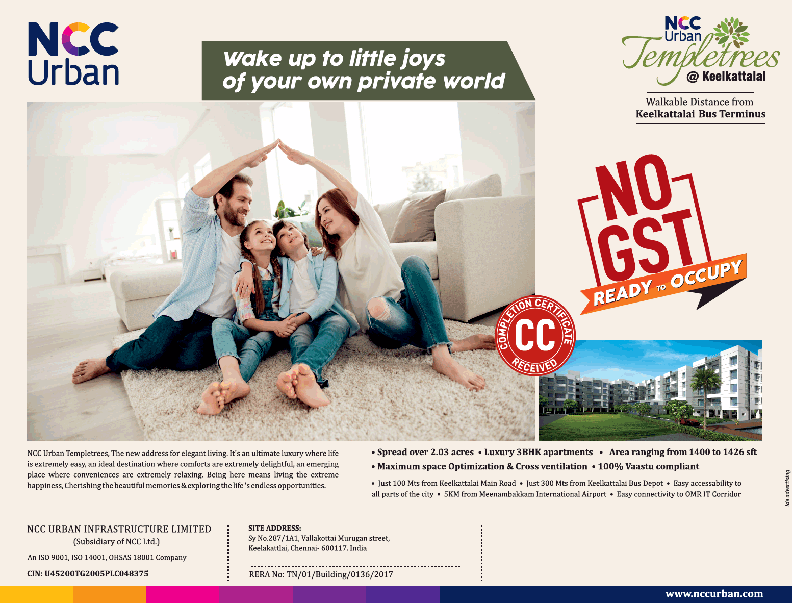 Ready to occupy, no GST at NCC Urban Temple Trees in Chennai