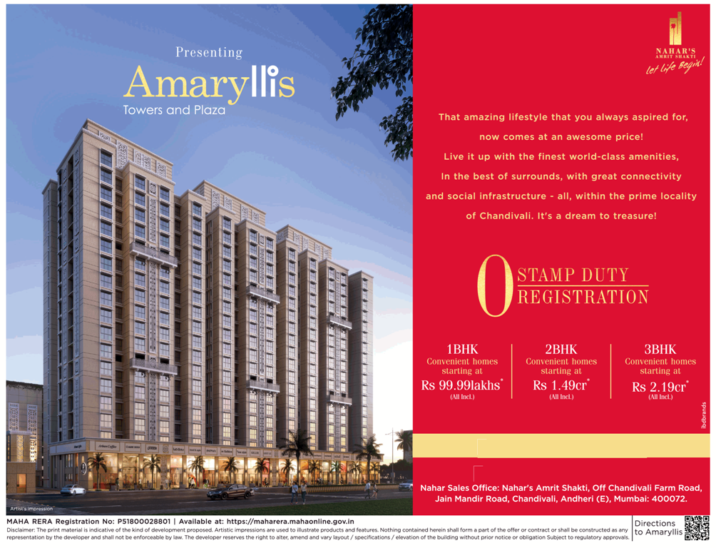 Presenting 1, 2 and 3 BHK price starting Rs 99.99 Lac at Nahar Amaryllis Towers, Mumbai