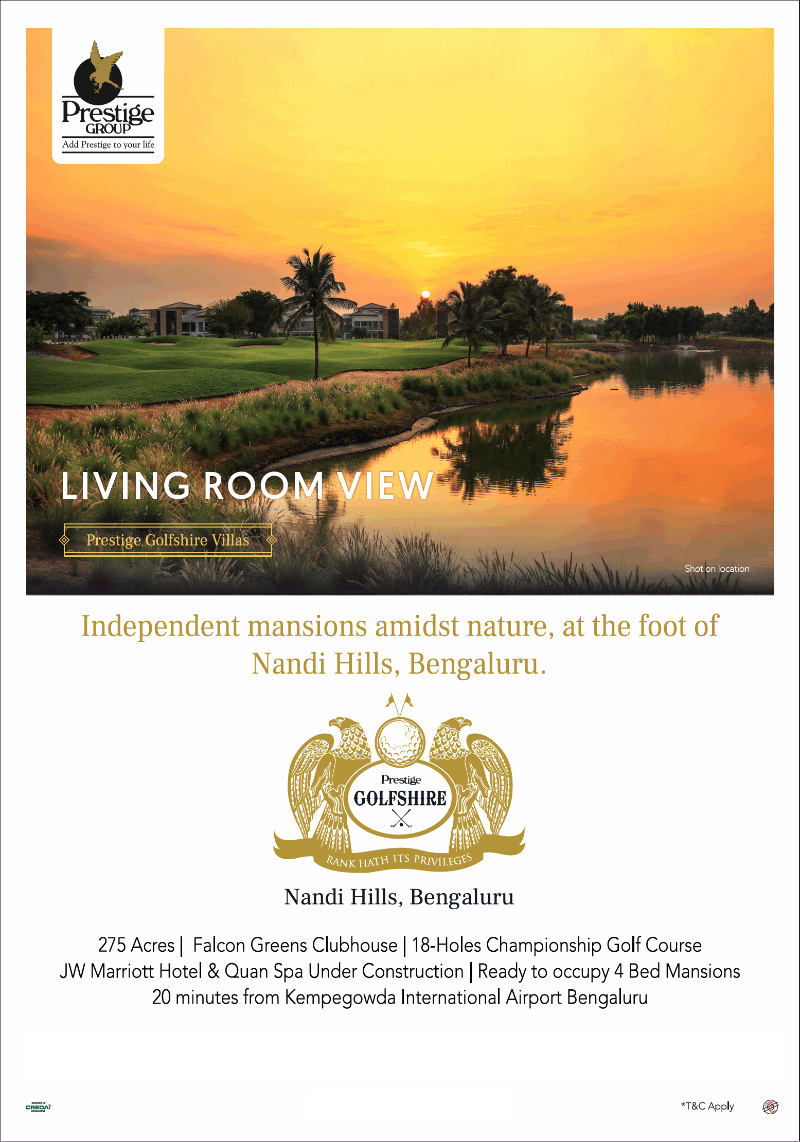 Living room view at Prestige Golfshire in Nandhi Hills, Bangalore
