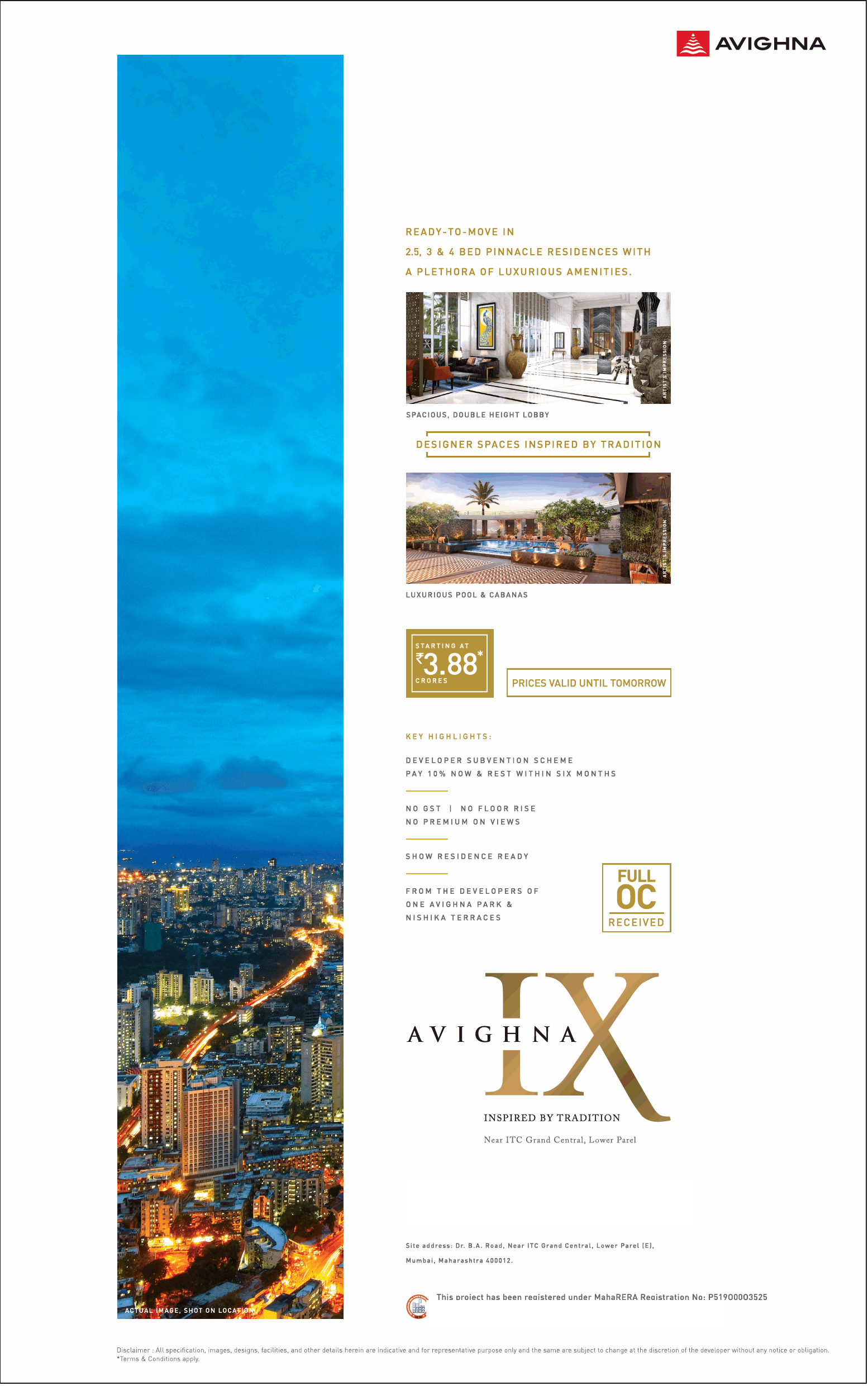 Pay 10% now and rest within six months at Avighna 9 near ITC, Lower Parel, Mumbai