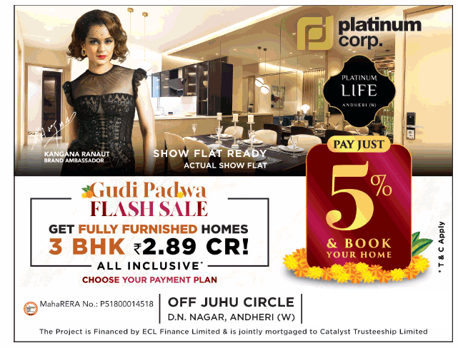 Get fully furnished  3 BHK homes Rs 2.89 Cr at Platinum Life in Mumbai