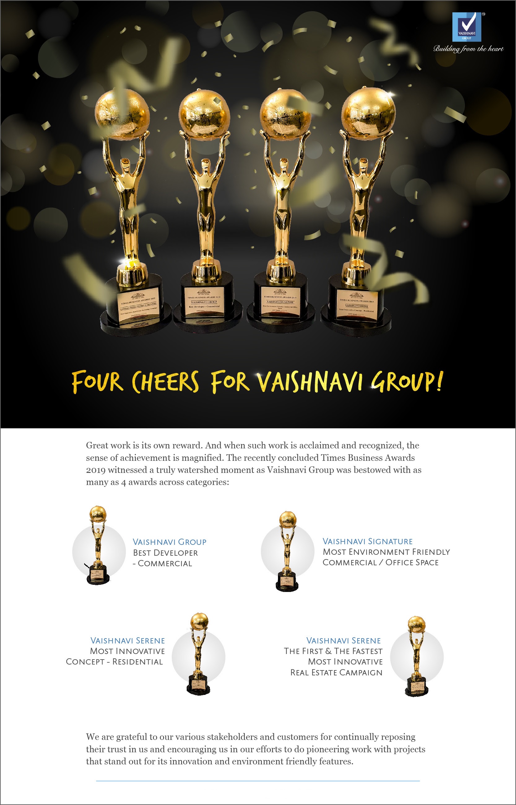 Outstanding performance of Vaisnavi Group wins most awaited Business award Times Business Award 2019