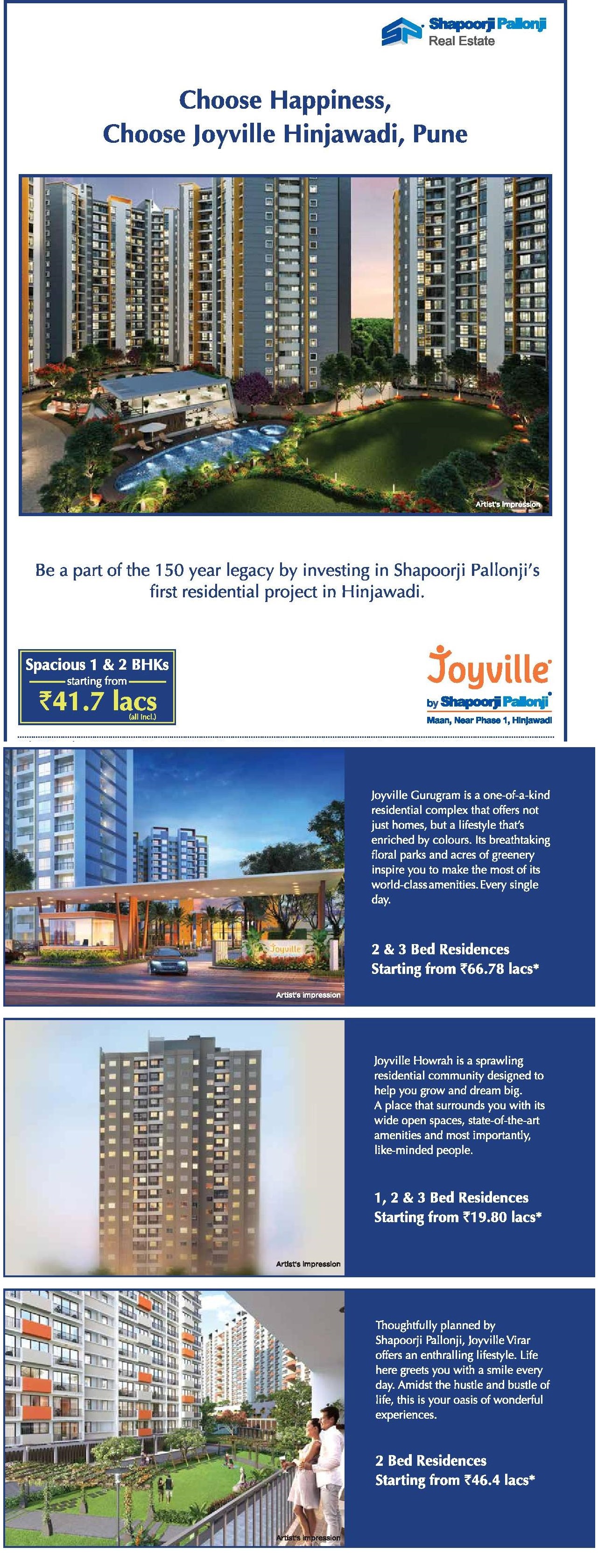 Shapoorji Pallonji Joyville offers 1/2/3 BHK apartments in Pune, Mumbai, Kolkata, Gurgaon
