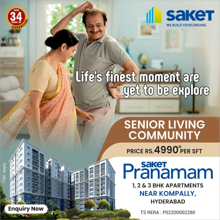 Senior living community price Rs.4990 per sq ft at Saket Pranamam, Hyderabad