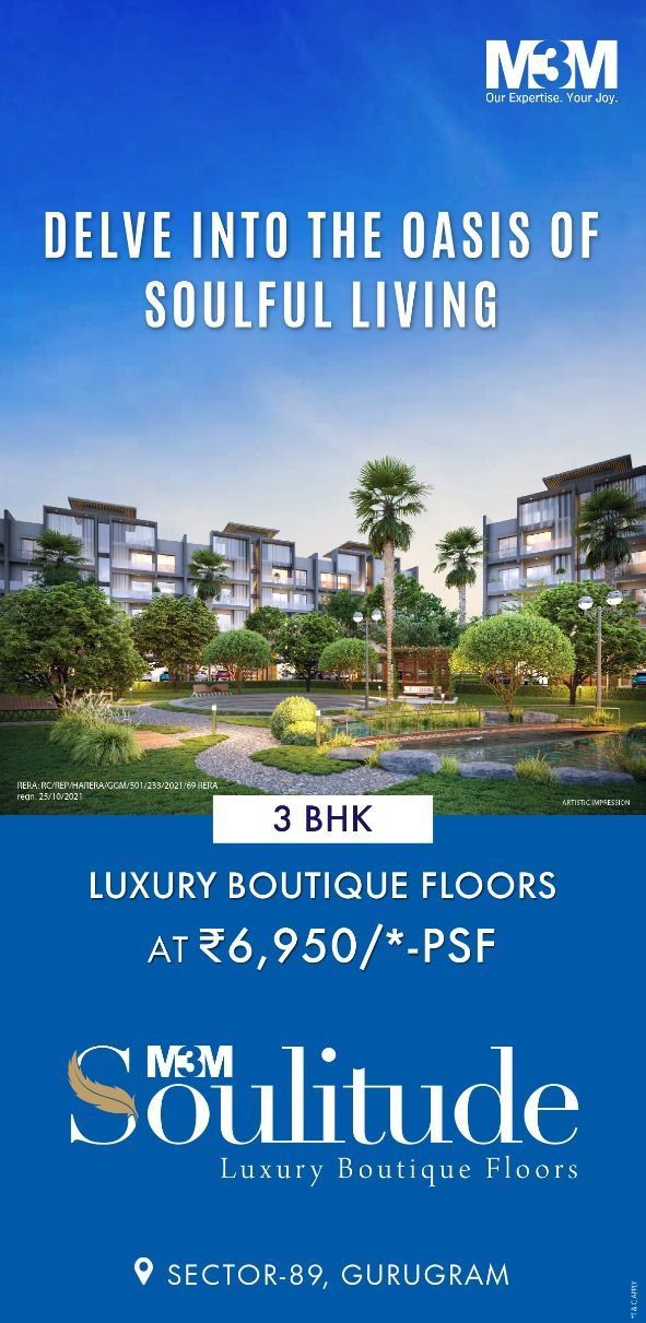 3 BHK luxury boutique floors Rs 6,950 Psf  at M3M Soulitude, Gurgaon