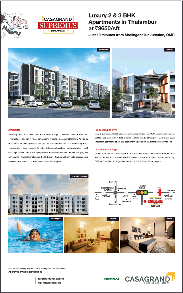 Luxury 2 & 3 BHK apartments Rs 3650 per sft at Casagrand Supremus in Thalambur, Chennai