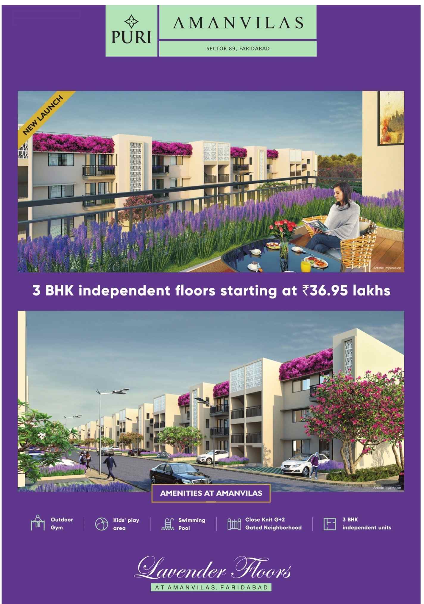 Puri Amanvilas presents 3 BHK independent floors @ Rs. 36.95 lacs in Faridabad