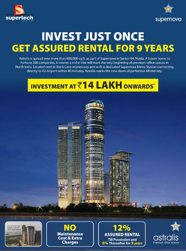 Invest just once and get Assured Rental for 9 years at Supertech Supernova Astralis