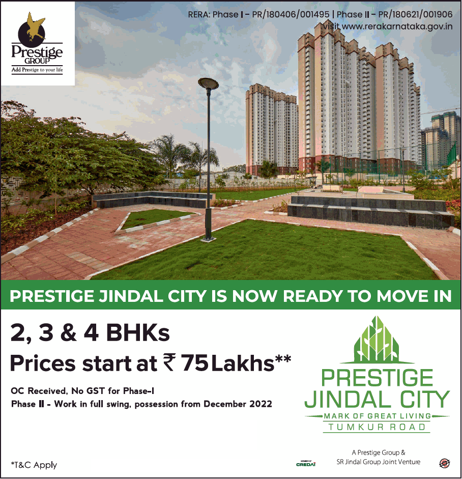 Book 2, 3 & 4 BHK prices starting Rs 75 Lac at Prestige Jindal City in Tumkur Road, Bangalore