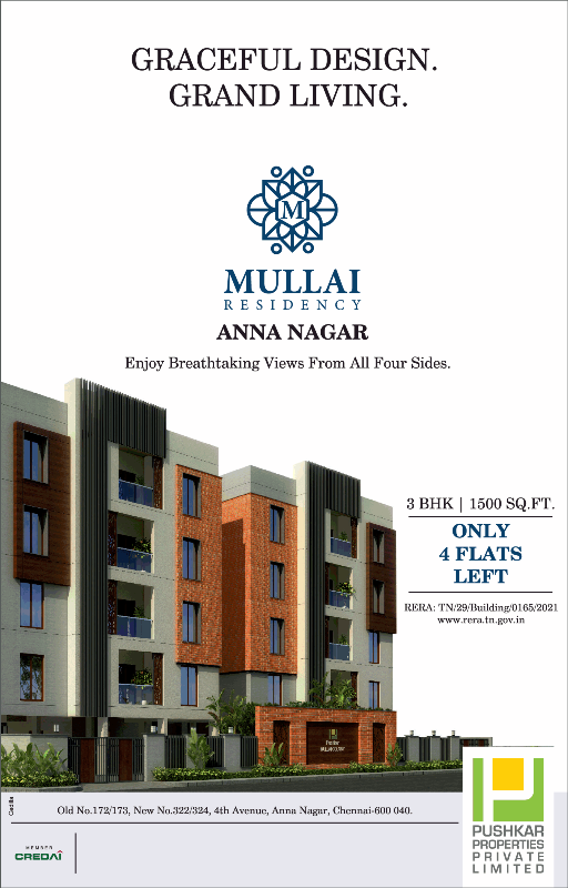 Only 4 flats left at Pushkar Mullai Residences, Anna Nagar, Chennai