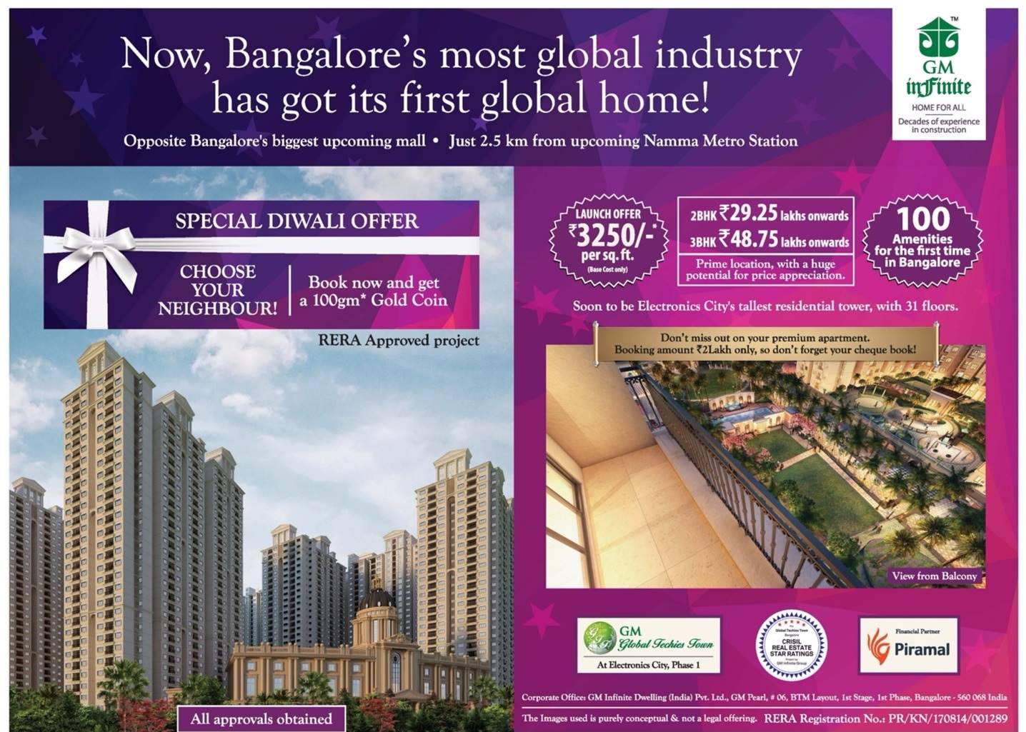 During special Diwali offer book home and get 100 gm gold coin at GM Global Techies Town in Bangalore