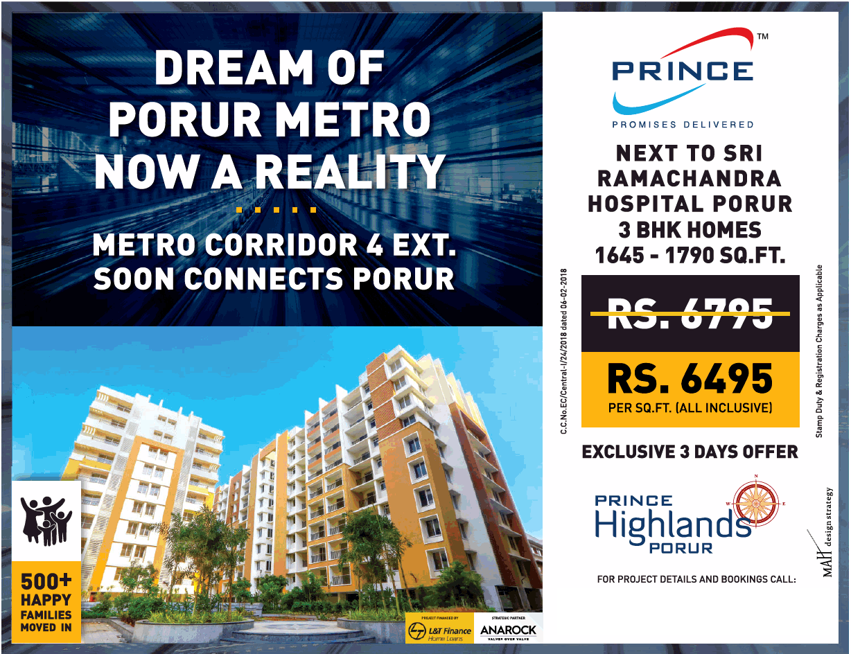 Book 3 BHK homes Rs 6495 per sqft at Prince Highlands Chennai
