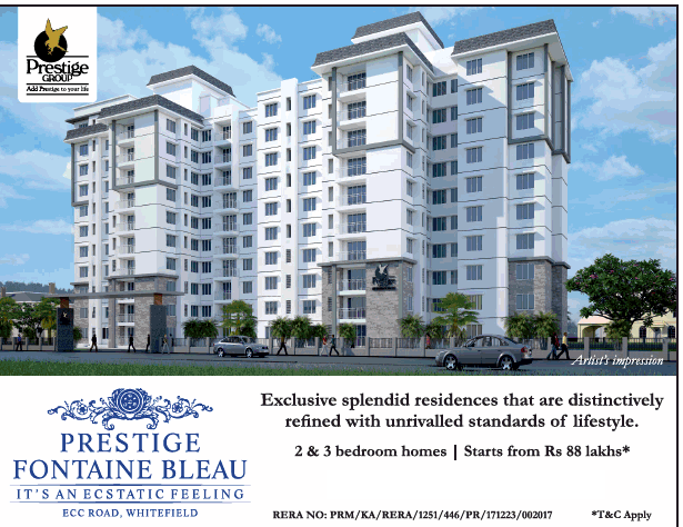 Book 2 & 3 bedroom homes   Rs 88 Lac at Prestige Fontaine Bleau, Bangalore