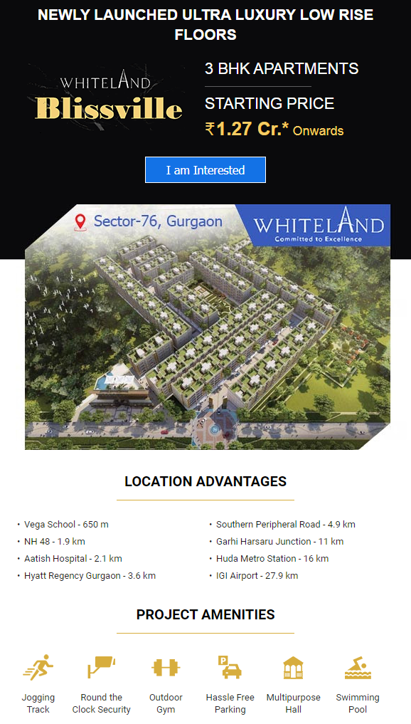 Newly launched ultra luxury low rise floors at Whiteland Blissville, Gurgaon Update