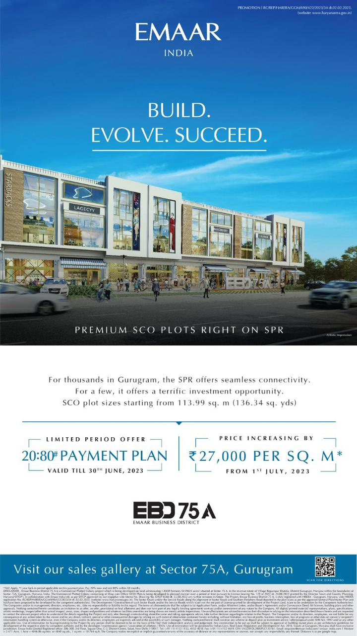 Price Increasing by Rs 27000 per sqm form 1st 2023 at Emaar EBD 75A, Gurgaon