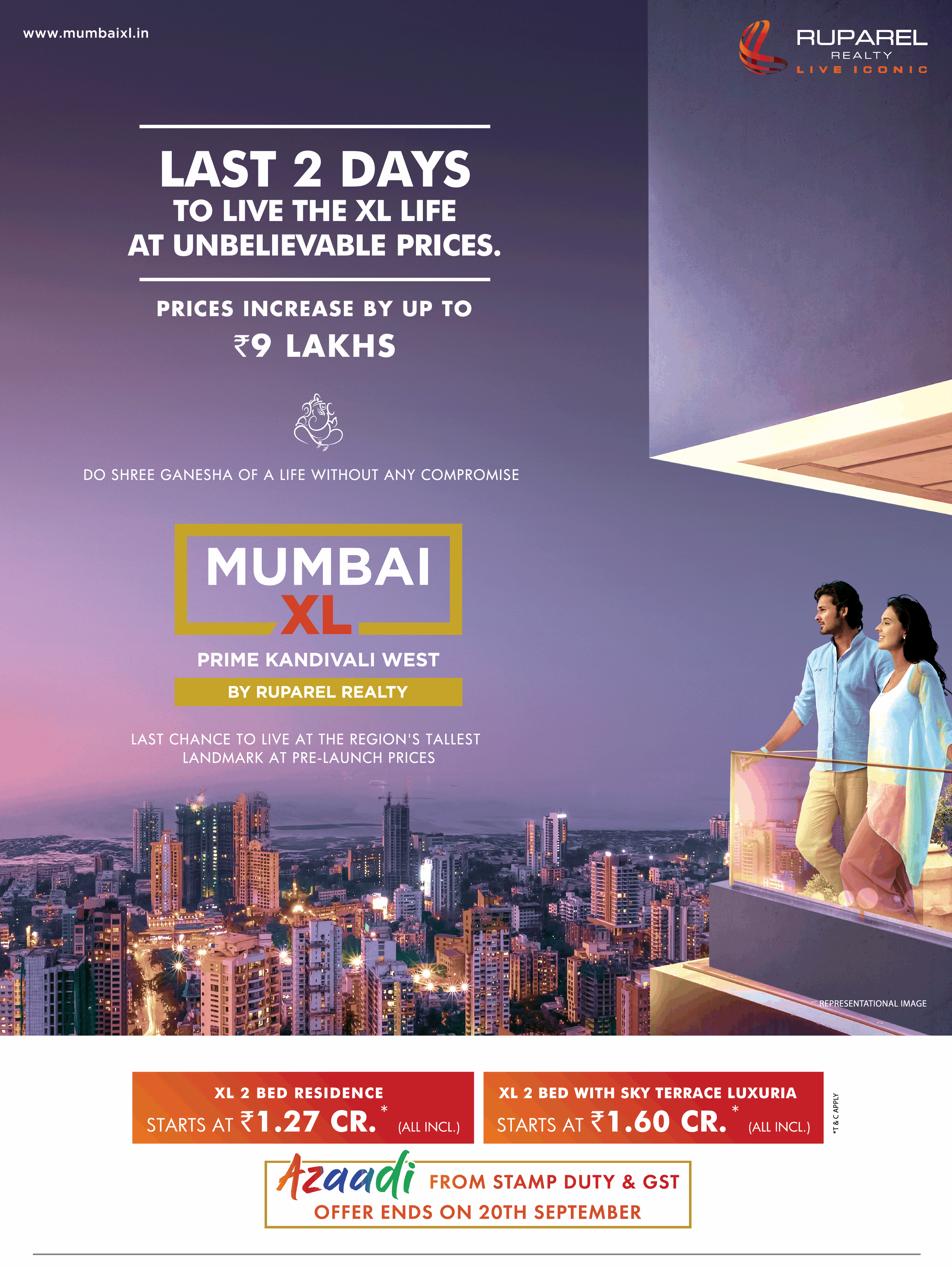 Ruparel Realty Offering XL 2 Bed Residence @ RS 1.27 cr. & XL 2 Bed with Sky Terrace Luxury @ Rs 1.60 cr.