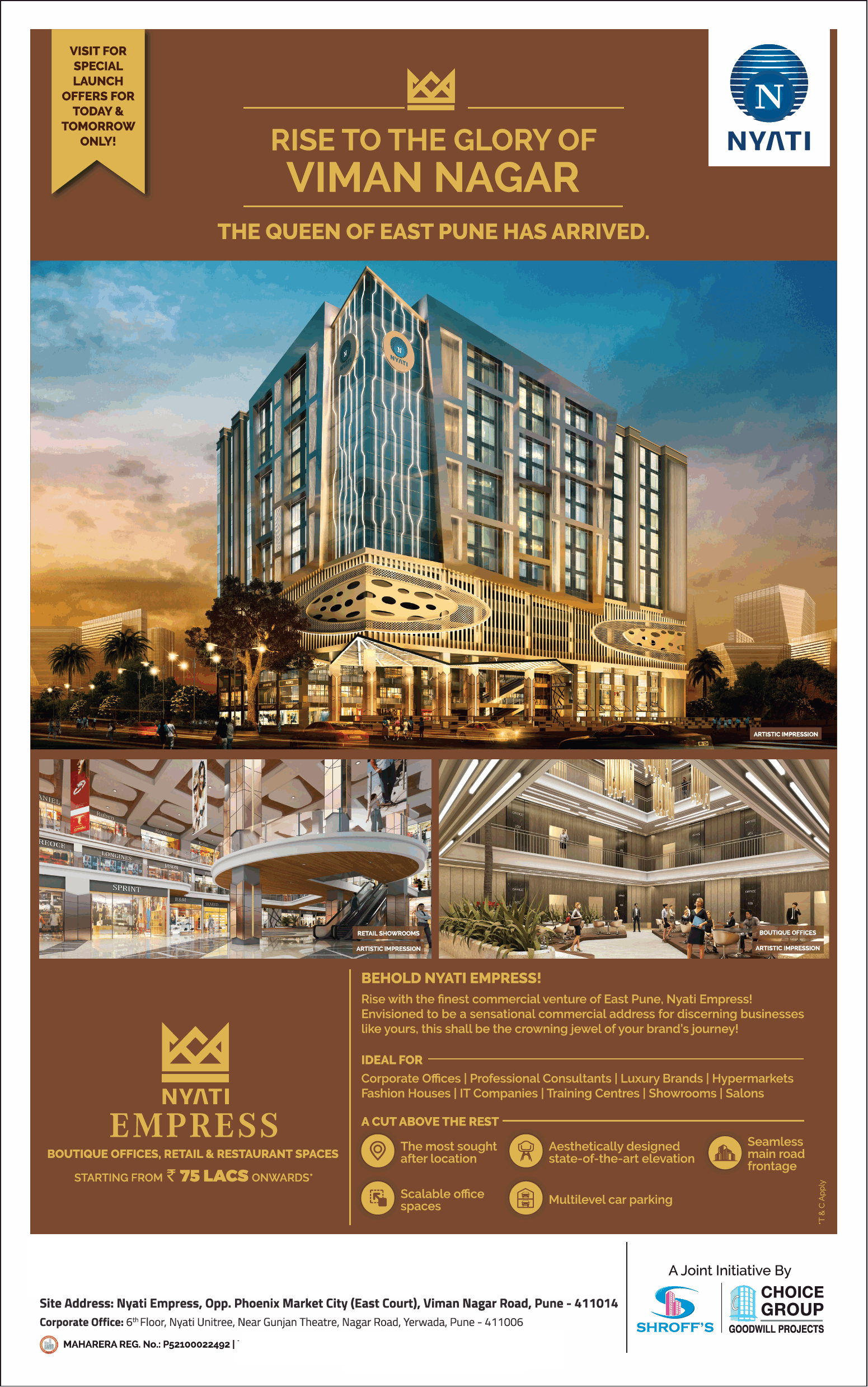 Boutique offices, retail and restaurants spaces starting from Rs 75 lakh onwards at Nyati Empress, Pune