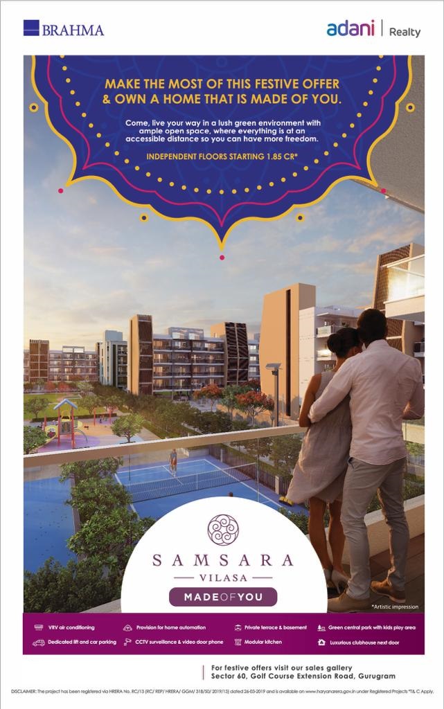 Independent floors starting  Rs 1.85 Cr at Adani Samsara Vilasa in Gurgaon