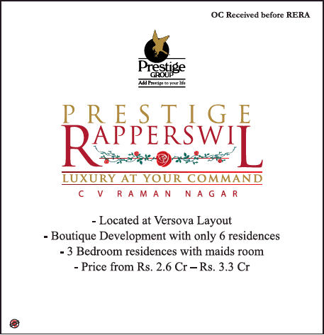 3 Bedroom residences start with Rs 2.6 Cr at Prestige Rapperswil in Bangalore