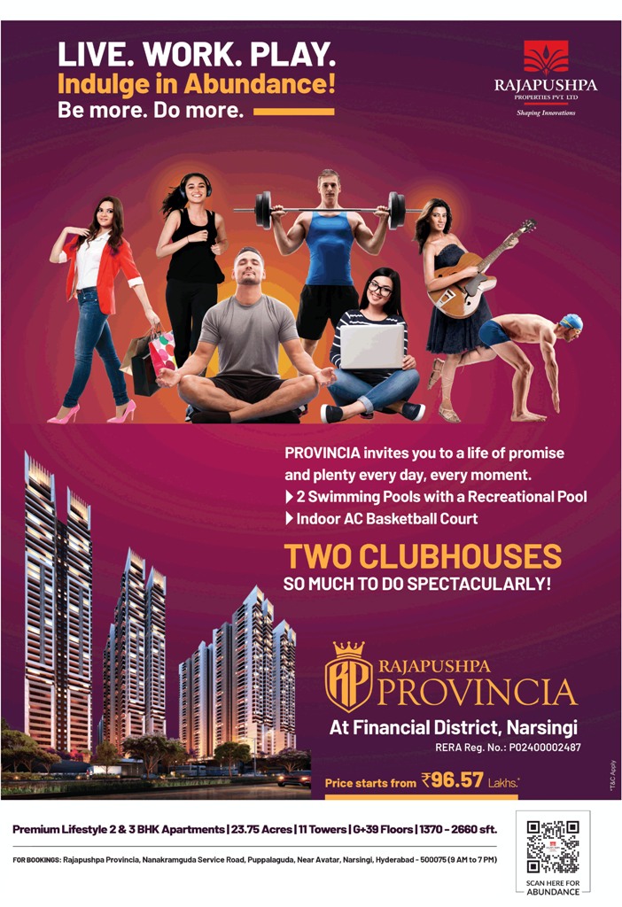 Premium lifestyle 2 & 3 BHK apartments price starts Rs 96.57 Lac at Rajapushpa Provincia, Hyderabad