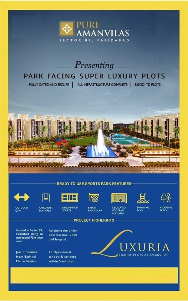 Presenting – park facing super luxury plots at Puri Amanvilas, Faridabad